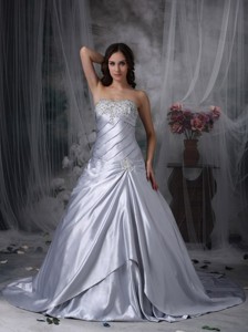 Silver Sweetheart Court Traintaffeta Beading And Ruch Wedding Dress