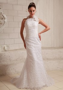 Lace Hand Made Flower Sheath Wedding Dress With Halter Brush Train 