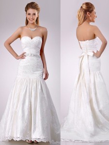 Elegant Mermaid Beaded and Bowknot Laced Wedding Dress with Brush Train 