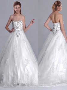 Luxurious Strapless Princess Brush Train Beaded Wedding Dress in Tulle 