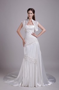 White Column/Sheath Strapless Brush Train Elastic Woven Satin Lace wedding Dress 