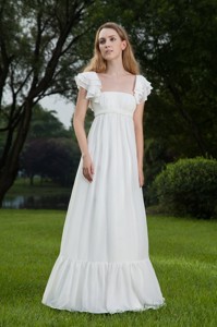 White Empire Square Floor-length Chiffon Ruch Wedding Dress 