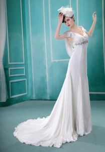V-neck Neckline Sequins and Rhinestones Decorate Wedding Dress With Short Sleeves 
