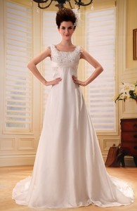 Battle Creek Lace With Beading Decorate Bodice Straps White Chiffon Court Train Wedding Dress