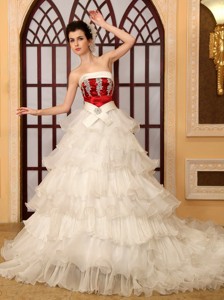 Luxurious Beading Strapless Organza Cathedral Train Wedding Dress
