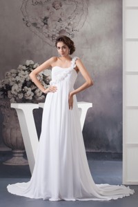 Flowery One Shoulder Chiffon Wedding Dress with Ruches and Court Train 