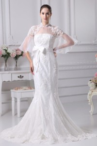 Mermaid High-neck Short Sleeves Wedding Dress with Lace and Sash 