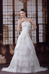 Ruffled Layers Strapless Lace Hand Made Flower Pleat Wedding Dress 