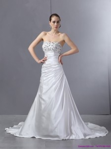 White Pleated Sequined Wedding Dress With Court Train