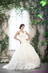 Beautiful White Straps Ruffled Bridal Dress With Brush Train