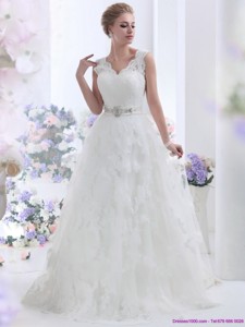 Unique Brush Train White Wedding Dress With Lace And Beading