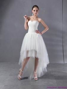 High Low White Sweetheart Wedding Dress With Ruching And Appliques