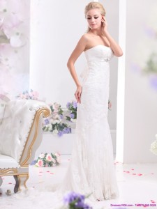 White Sweetheart Beading And Lace Wedding Dress With Brush Train