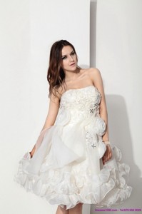 White Strapless Ruffled Short Bridal Dress With Hand Made Flower