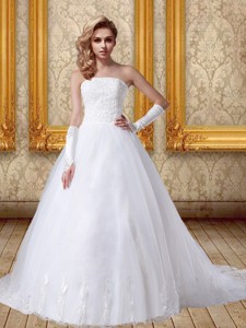 Lace Chapel Train Ball Gown Wedding Dress With Strapless