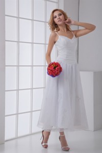Simple Spaghetti Straps Ankle-length Wedding Dress With Ruches