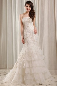 Strapless Mermaid Embroidery and Ruffles Court Train Wedding Dress 