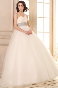 Ball Gown One Shoulder Beaded Decorate Waist Tulle Wedding Dress 