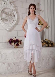 The Most Popular Column V-neck Tea-length Chiffon Embroidery Wedding Dress 
