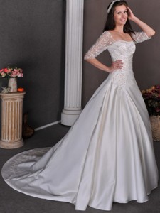 Gorgeous Square Chapel Train Satin Appliques And Beading Wedding Dress