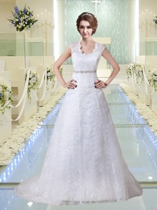 Elegant Lace V Neck Beading Wedding Dress With Court Train