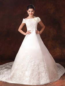 Lace Off The Shoulder Elegant Appliques Customize Cathedral Train Wedding Dress