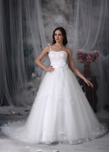 Classical One Shoulder Watteau Train Tulle Hand Made Flowers And Beading Wedding Dress