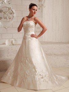 Satin Embroidery Over Bodice Wedding Dress With Court Train