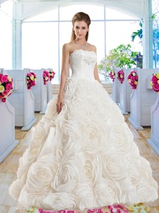 Gorgeous A Line Strapless Brush Train Bridal Dress With Lace