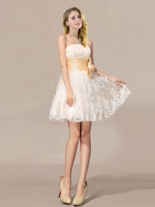 Pretty Chamagne Mini Length Wedding Dress With Bowknot And Embroidery