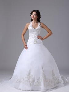 Halter Ball Gown Wedding Dress Embroidery Decorate Bodice Custom Made Brush Train 