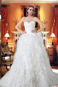 Princess Sweetheart Chapel Train Beading Unique Wedding Dress with Ruffles 