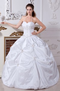 White Ball Gown Halter Floor-length Taffeta Embroidery Quinceanera Dess 