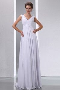 White Empire V-neck Floor-length Chiffon Beading and Ruch Prom Dress 