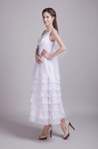 White Empire One Shoulder Ankle-length Chiffon Ruffles Wedding Dress 