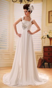 Wide Straps Neckline Wedding Dress With Brush Train Beaded And Ruch Decorate In Cooper Landing