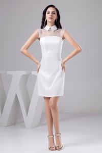 High-neck White Column Wedding Dress With Beaded Collar And Zipper-up