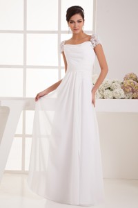 Lace Beaded Cap Sleeves Square Column Wedding Dress with Ruching 