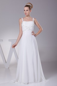 Straps Brush Train Wedding Dress in White Decorated with Beading and Ruching 