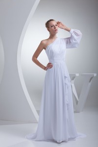 Single Shoulder Ruffles and Sash Wedding Gowns with One Long Sleeve 