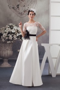 Half-sleeve Column White Wedding Dress With Black Handmade Flower