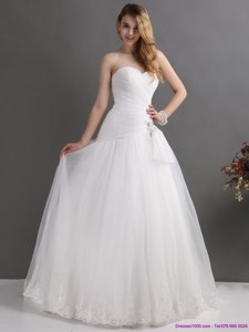White Sweetheart Lace and Ruching Bridal Gowns with Brush Train 