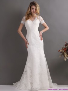 Classical V Neck Lace Wedding Dress with Short Sleeves 