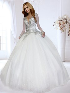 Inexpensive Open Back Beaded Bodice Wedding Dress with Deep V Neckline 