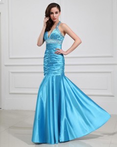 Sweet Mermaid Halter Top Prom Dress With Beading In Baby Blue