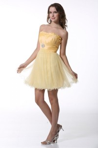 Light Yellow Strapless Prom Dress With Ruching Mini-length