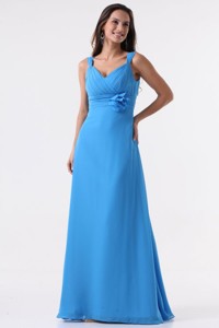 Simple Blue Straps Ruching Hand Made Flower Floor-length Chiffon Prom Dress