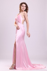 Elegant Pink Column Halter Brush Train Criss Cross Elastic Woven Satin Prom Dress with Beading