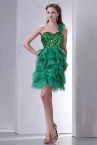 Green One Shoulder Mini-length Sequins and Ruffled Layers Prom Dress
