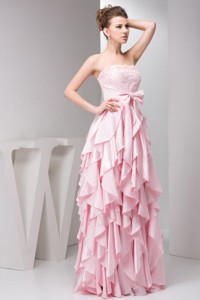 Pretty Empire Strapless Floor-length Taffeta Ruffles and Bowknot Pink Prom Dress